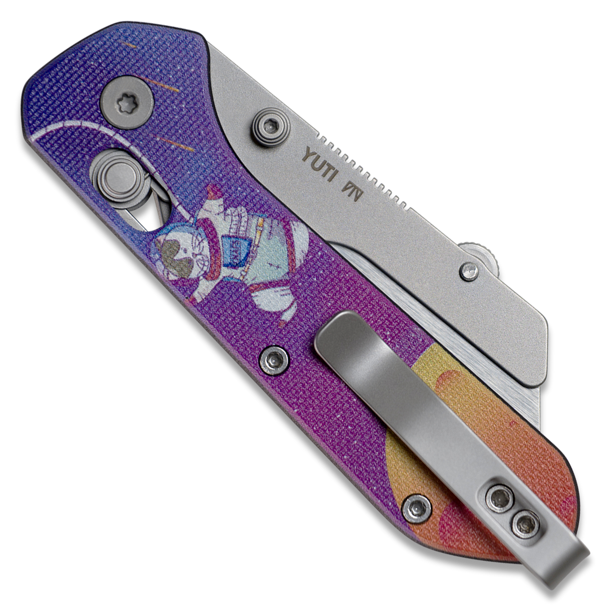 Yuti utility knife with UV printed Kitty Cosmo Crew pattern G10 handle, closed, back view