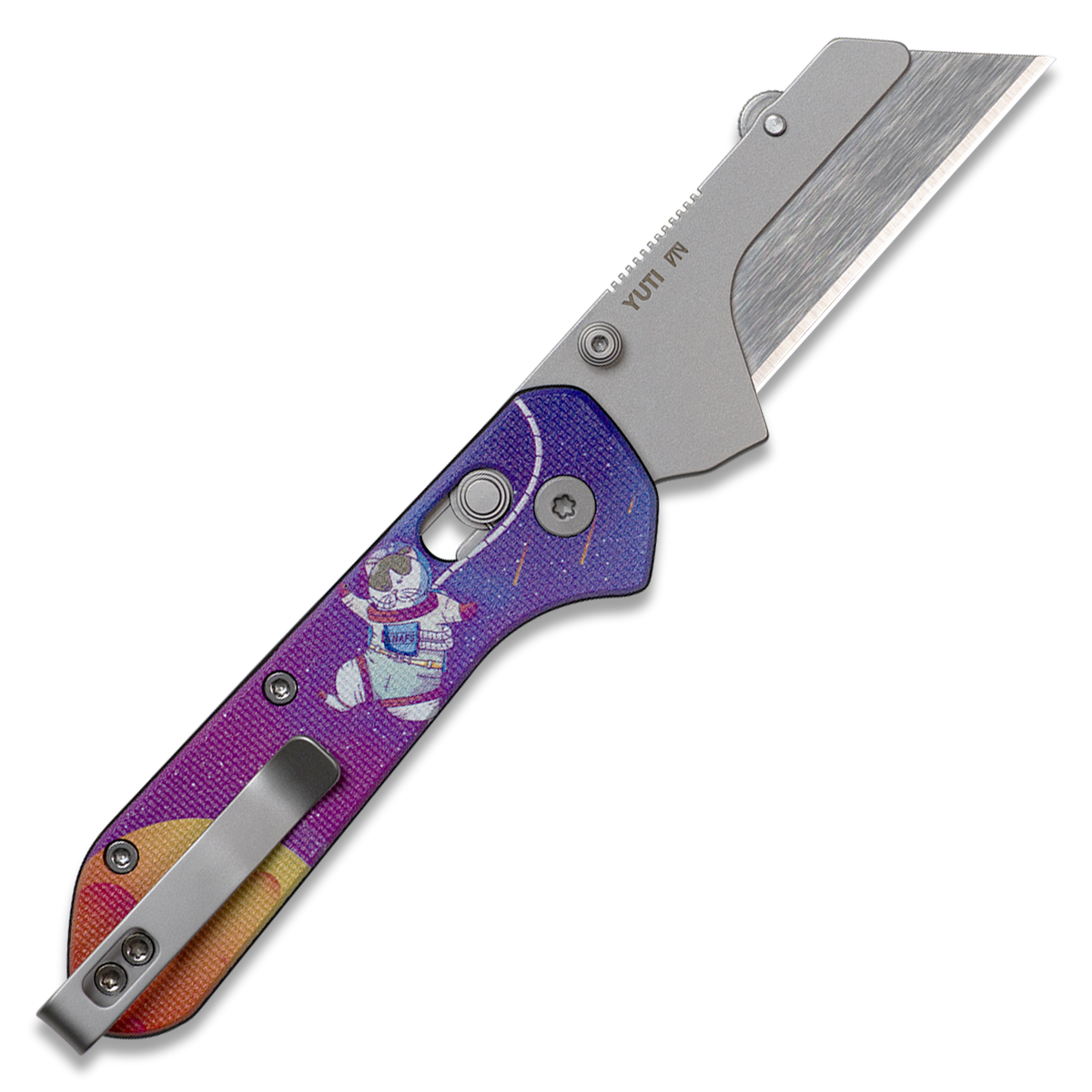 Yuti utility knife with UV printed Kitty Cosmo Crew pattern G10 handle, open, back view