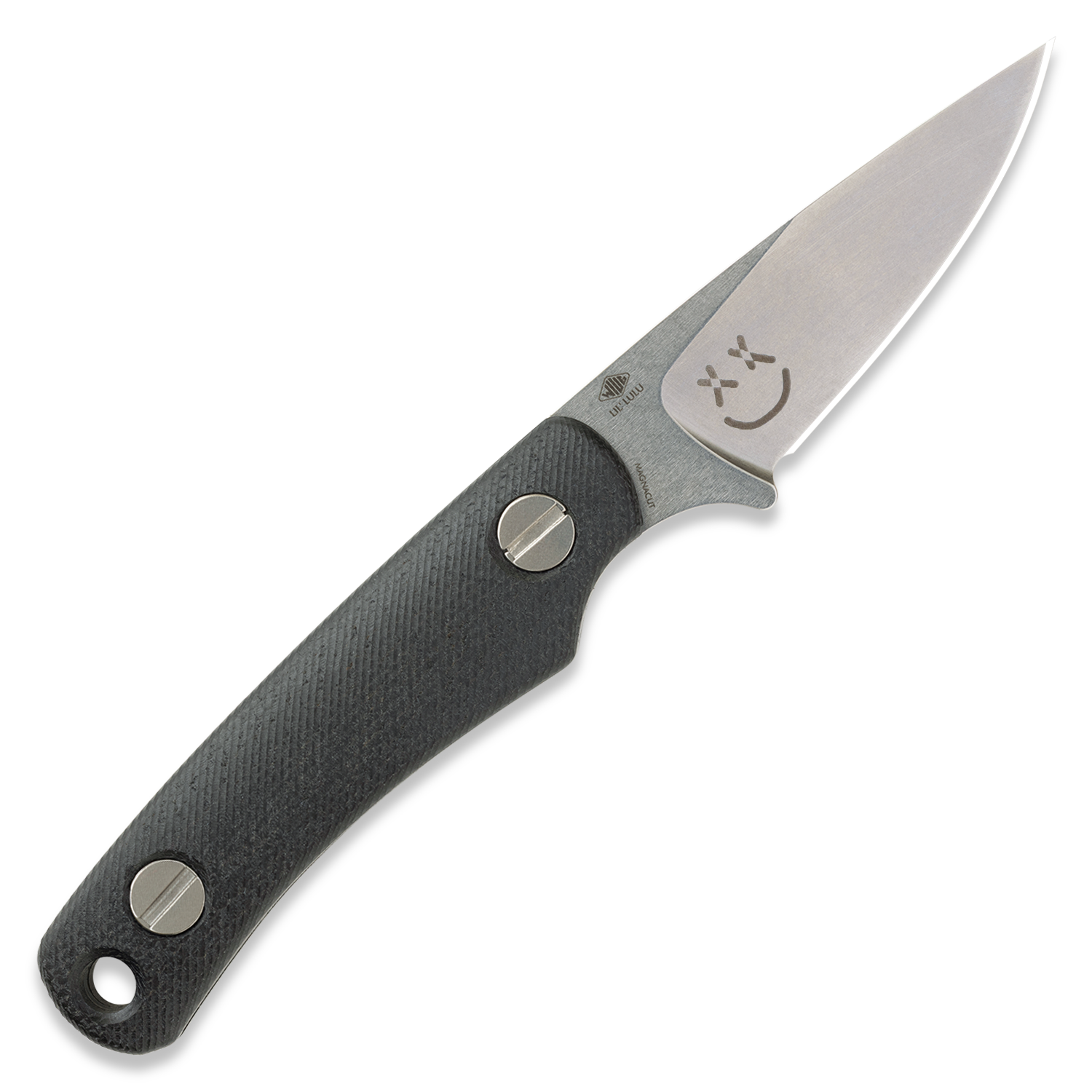 A fixed-blade knife with a textured black handle and a satin-finished silver blade, featuring a small engraved smiley face logo on the blade near the bolster. The knife is photographed diagonally on a clean white background.