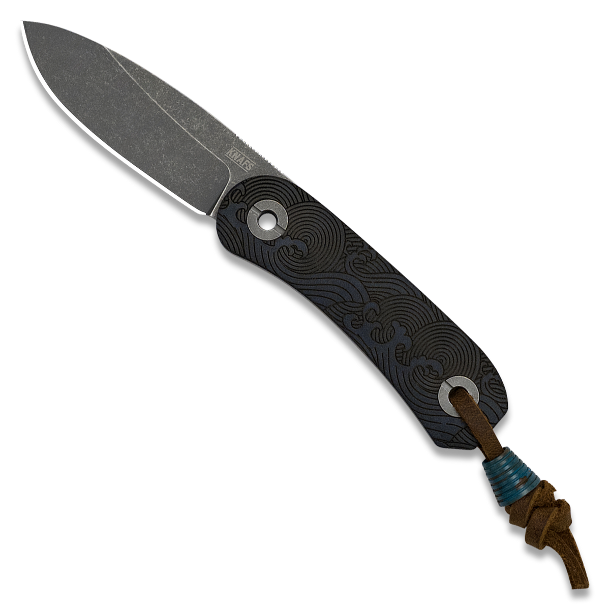 A folding pocket knife with a dark gray steel blade and a textured black handle featuring a carved wave pattern. The knife is shown open against a solid white background, with a brown cord lanyard wrapped around the pommel.