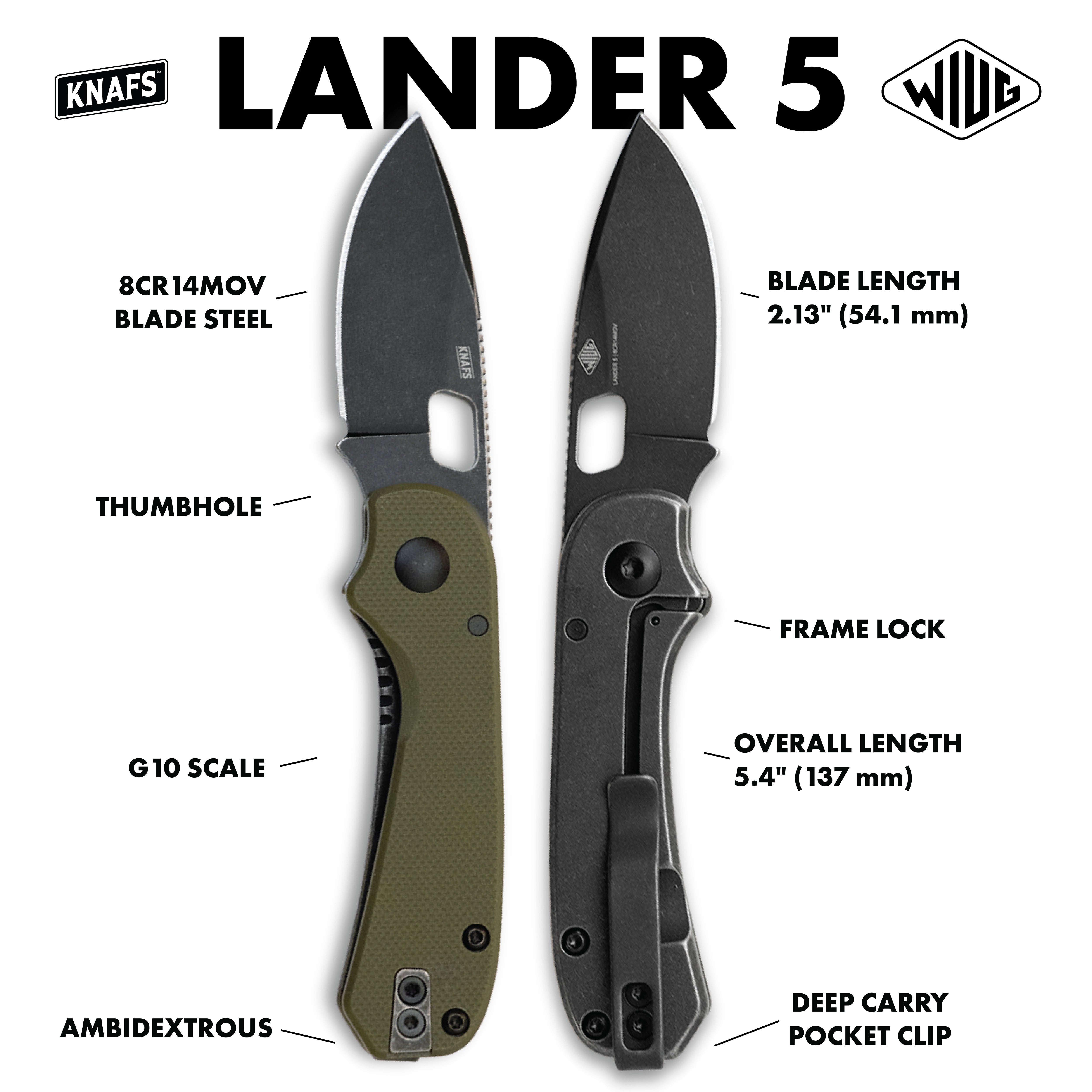 Lander 5 Pocket Knife - OD Green G10 - Black Stonewash