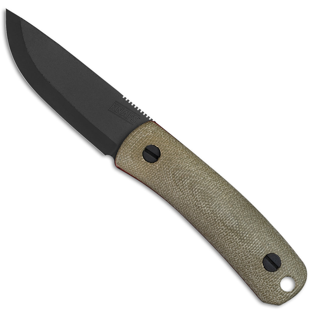 Knafs Lulu Fixed Blade Knife with green micarta handles layered with red g10, featuring Black PVD coated CPM MagnaCut blade steel - front of knife