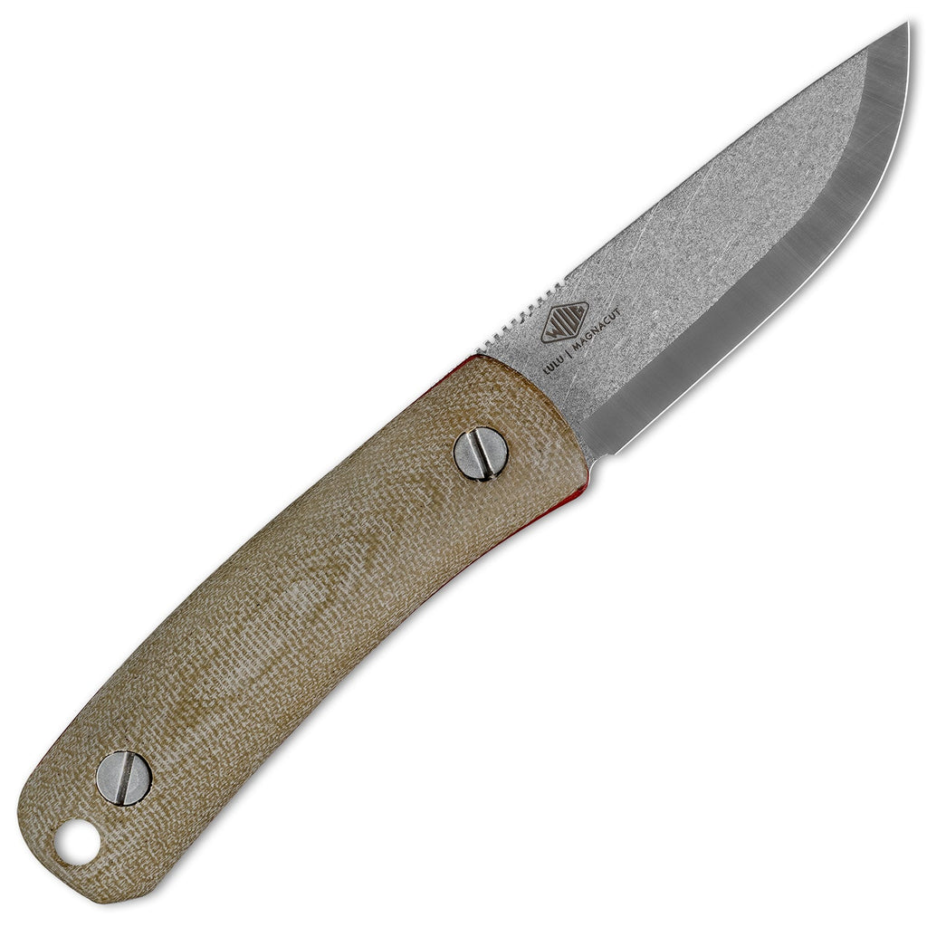 Knafs Lulu Fixed Blade Knife with green micarta handles layered with burgundy g10, featuring CPM MagnaCut blade steel - back of knife