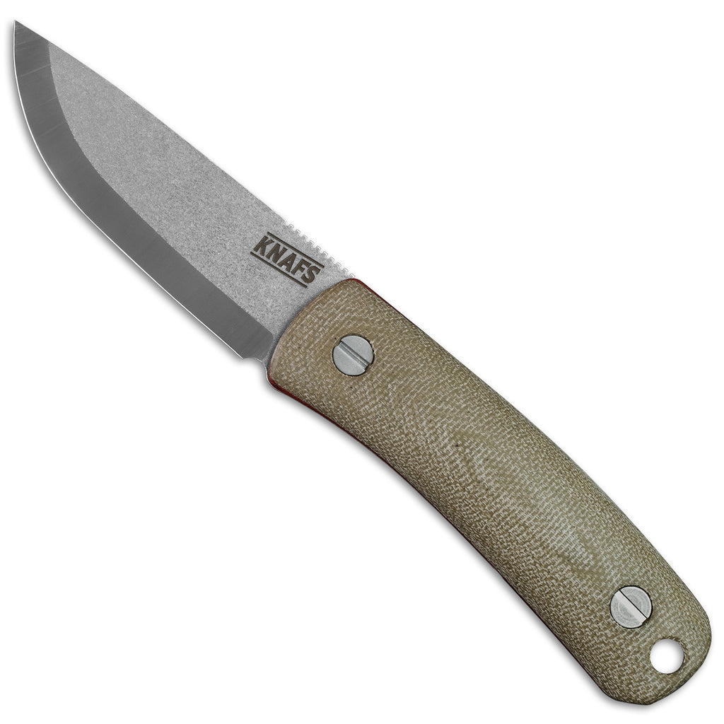 Knafs Lulu Fixed Blade Knife with green micarta handles layered with burgundy g10, featuring CPM MagnaCut blade steel - front of knife