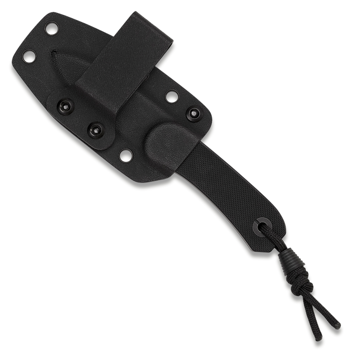 A black tactical belt knife sheath with a quick-release strap and a black paracord lanyard, shown on a clean white background.