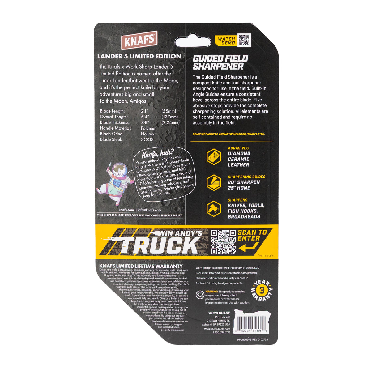 The back of a Knads Lander 5 Limited Edition Guided Field Sharpener retail packaging card, featuring product specifications, a cartoon illustration, and branding on a black background.