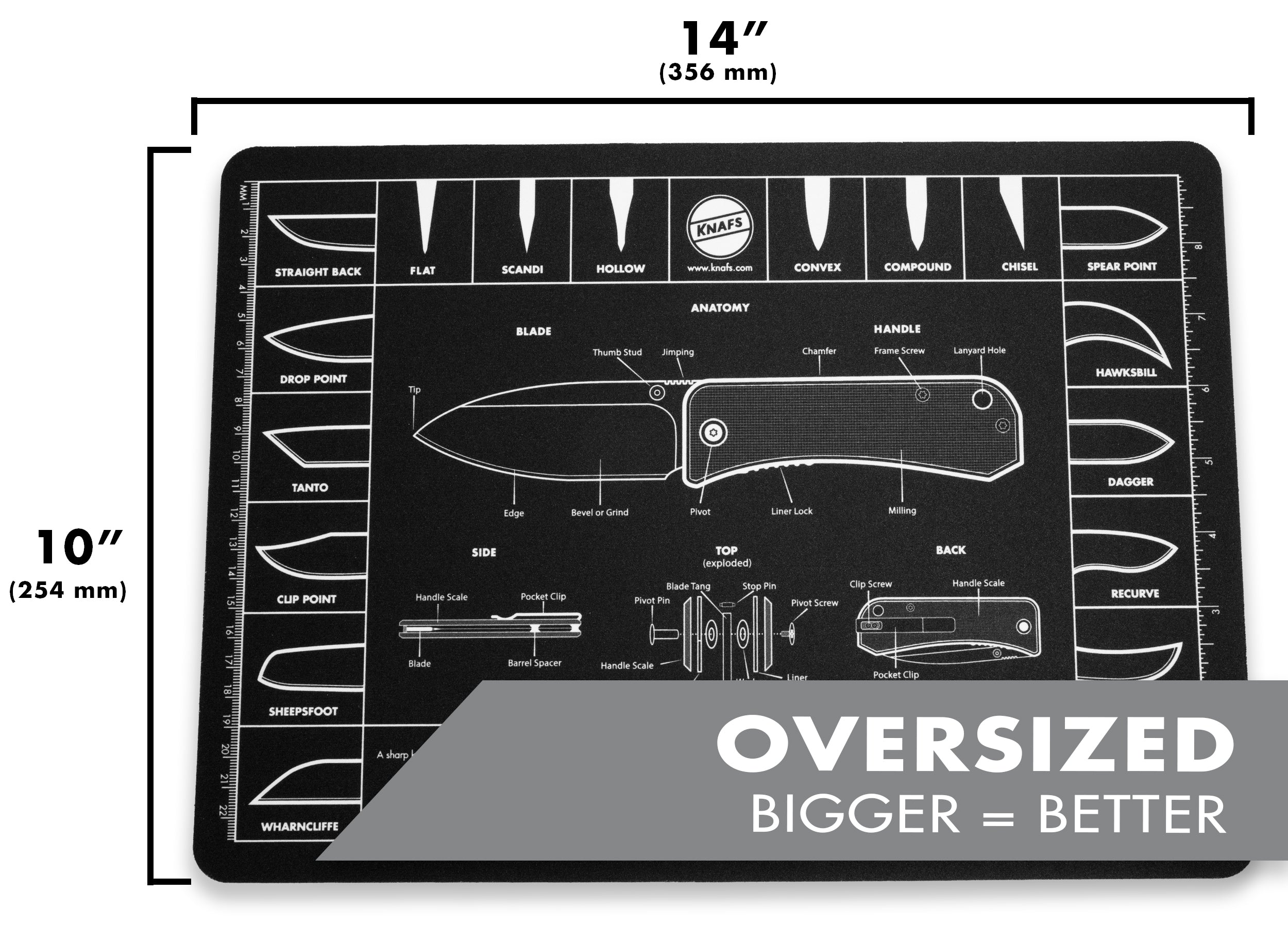 Knife Mouse Pad - Oversized Shop Mat 14 x 10" with dims