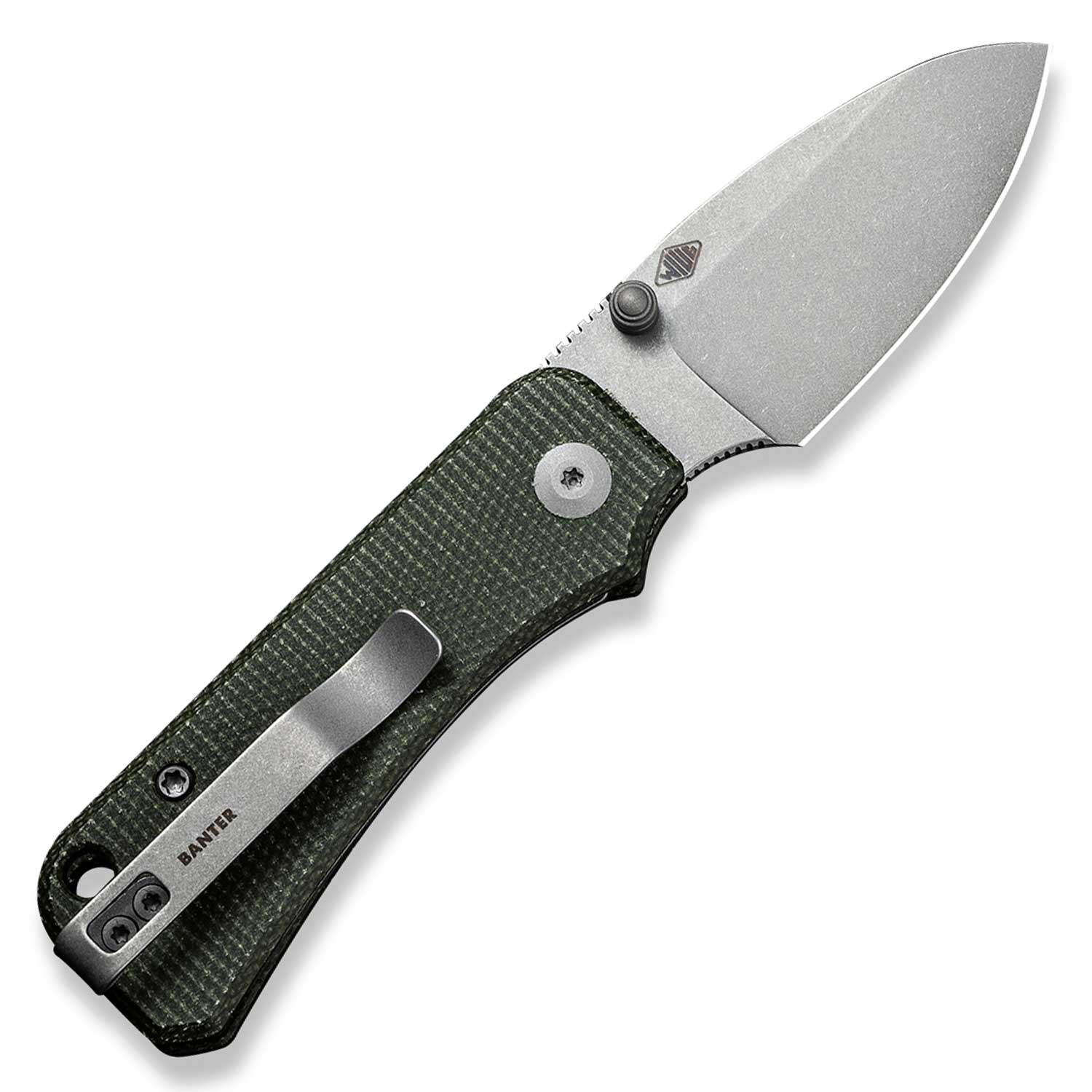 Baby Banter Pocket Knife - Green Micarta - Gray Stonewash Nitro V - Back Open