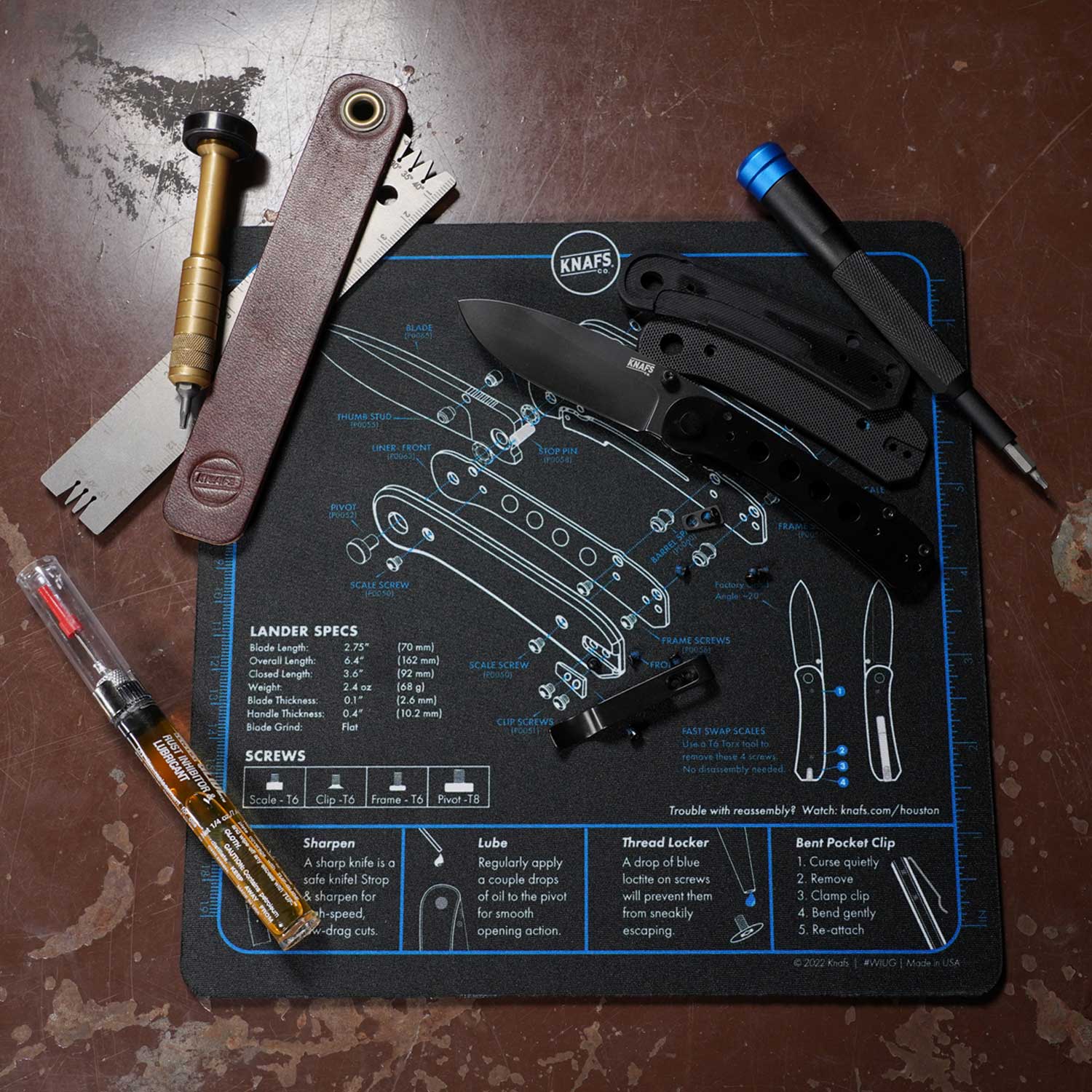 Lander Pocket Knife Shop Mat - Mouse Pad - Front View with tools